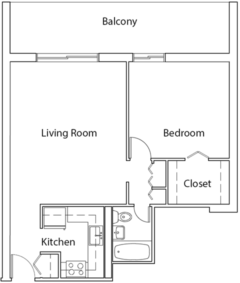 Floor plan for 1 bed, 1 bath, 740 sqft